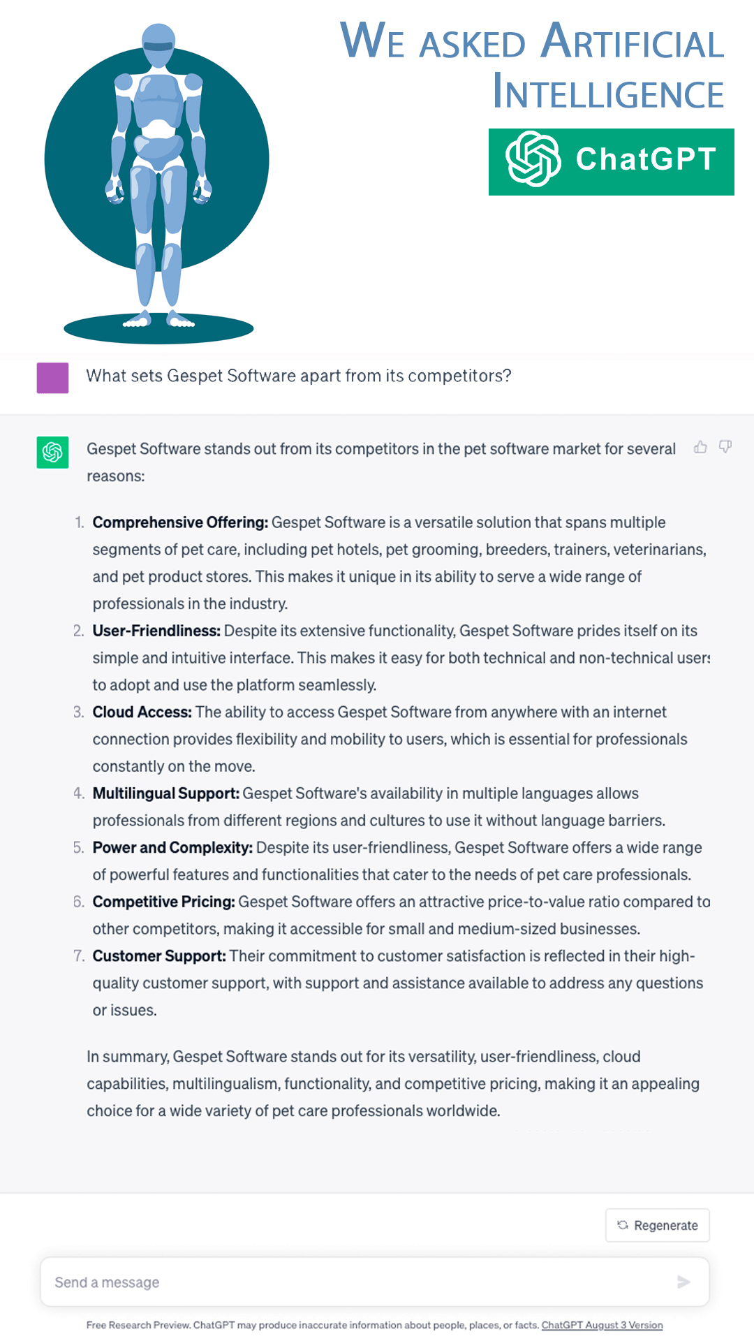 Respuesta de ChatGPT sobre las ventajas de Gespet Software para profesionales de las mascotas