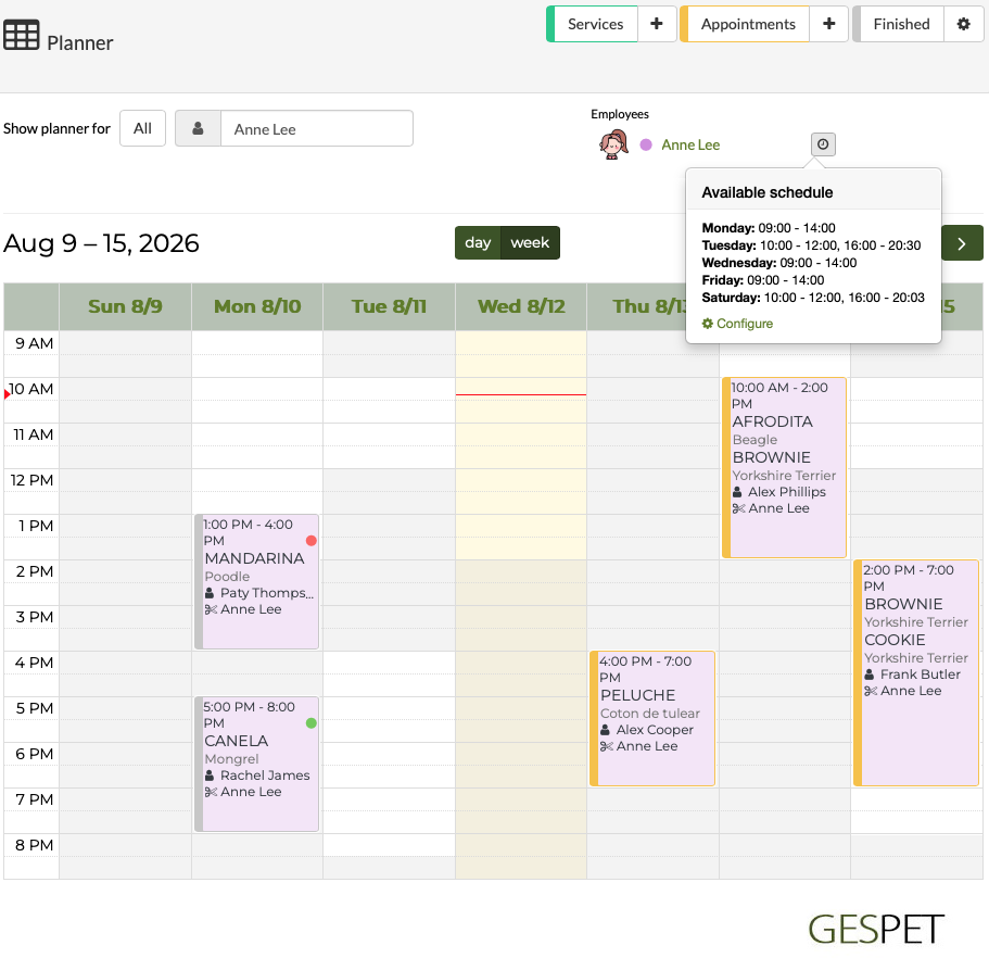 pet grooming planner filtered by employee with schedules holidays availability and appointments