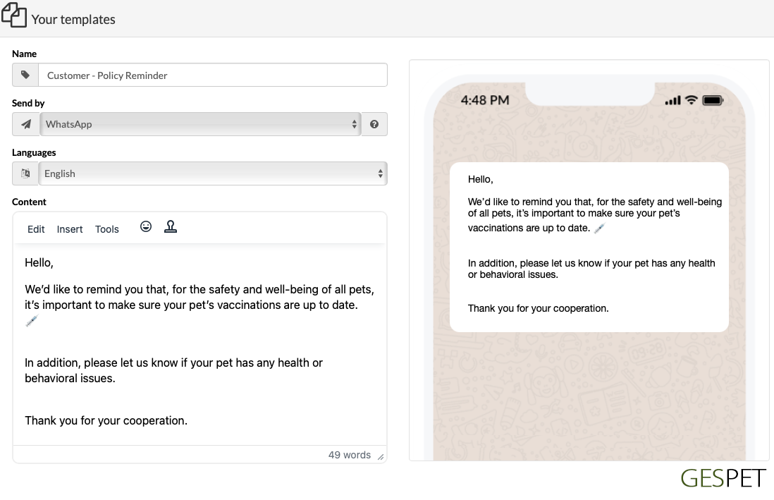 configure whatsapp templates for pet business