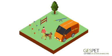 Ilustración de un educador con un perro en un centro de adiestramiento junto a una furgoneta