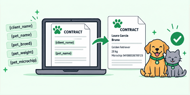 contratos y documentos para negocios de mascotas con datos que se rellenan automáticamente