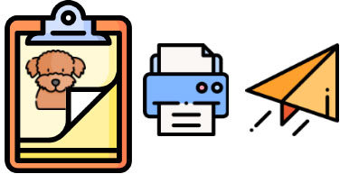 Ficha de mascota con iconos de impresión y envío por email