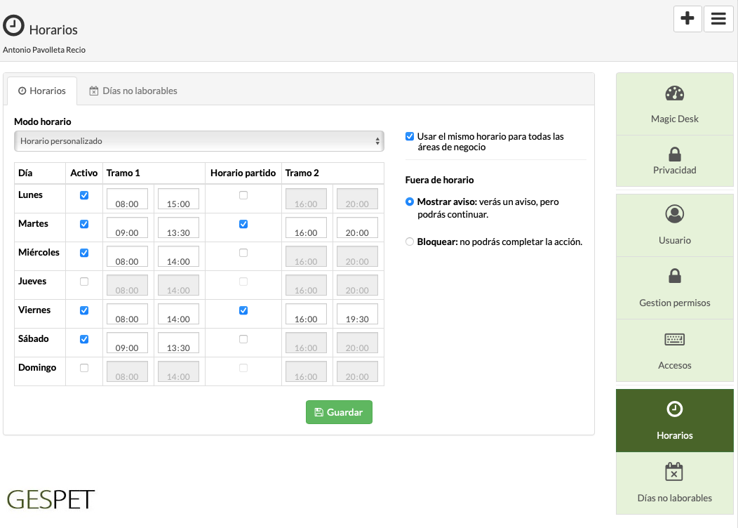 configurar horario personalizado de empleado para peluquería canina y adiestramiento en Gespet