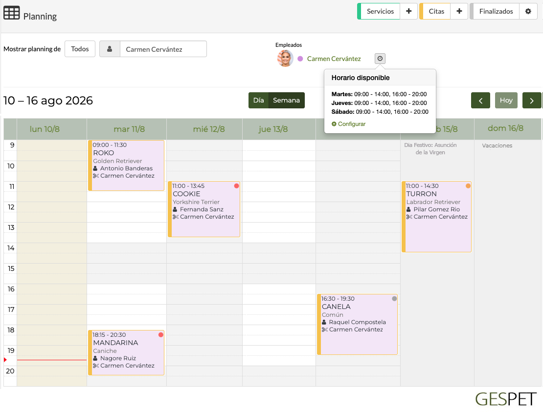 planning de peluquería canina filtrado por empleado con disponibilidad horario vacaciones y citas