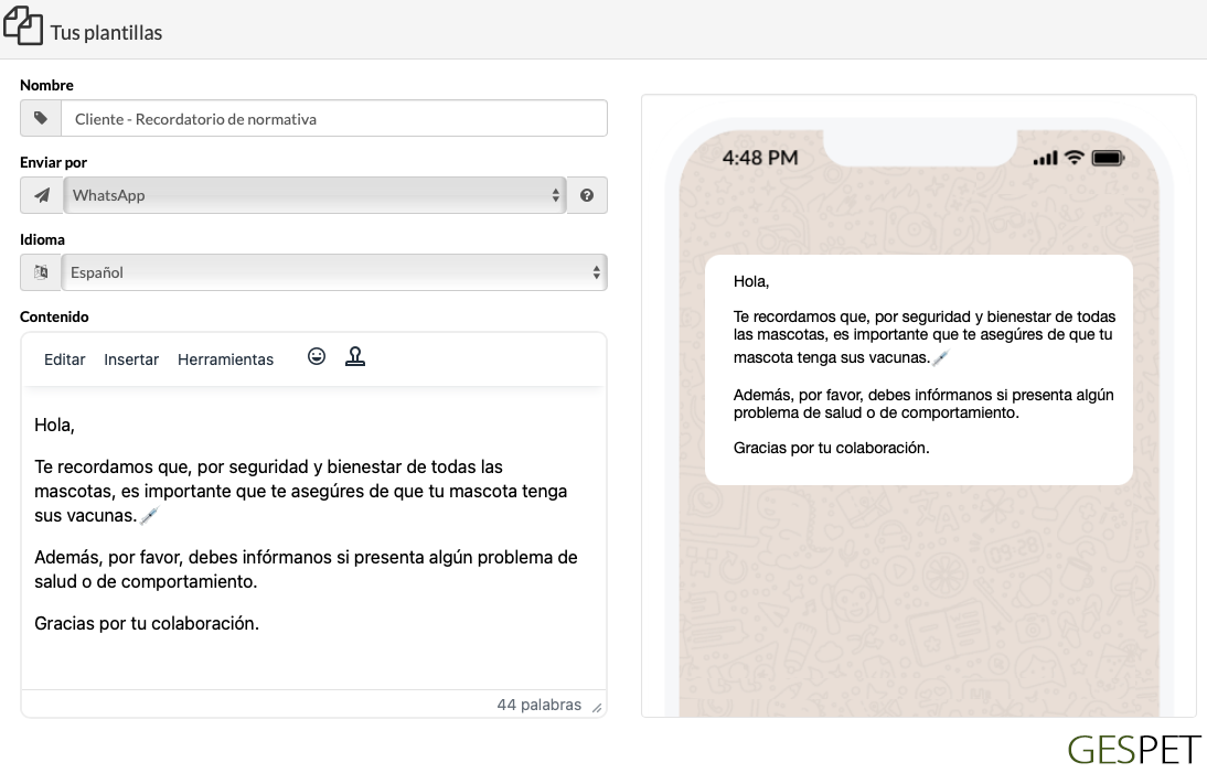 configure whatsapp templates for pet business