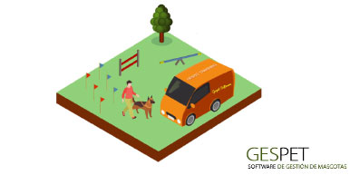 Illustration of a trainer and dog at a training center beside a van