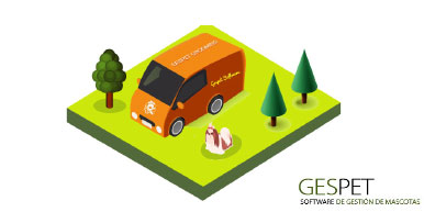 Illustration of a mobile dog grooming van beside a dog
