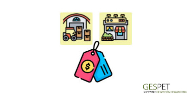 Iconos de una tienda y un almacén con etiquetas de precio para ilustrar la venta minorista y mayorista de productos para mascotas
