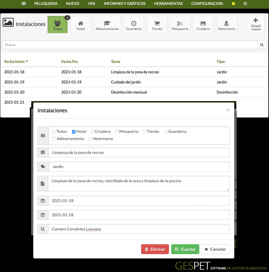 gestion de instalaciones de mascotas