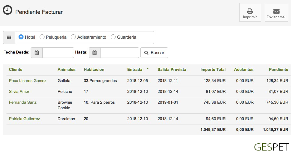 informe pendiente de facturar hotel de perros