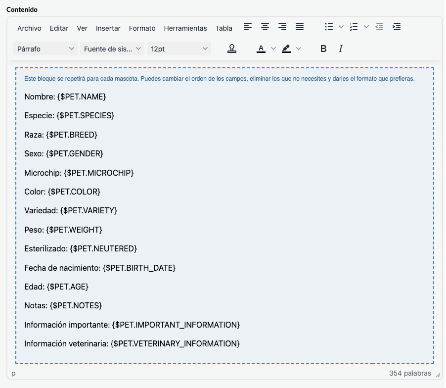 texto-plantilla con información personalizada de mascotas