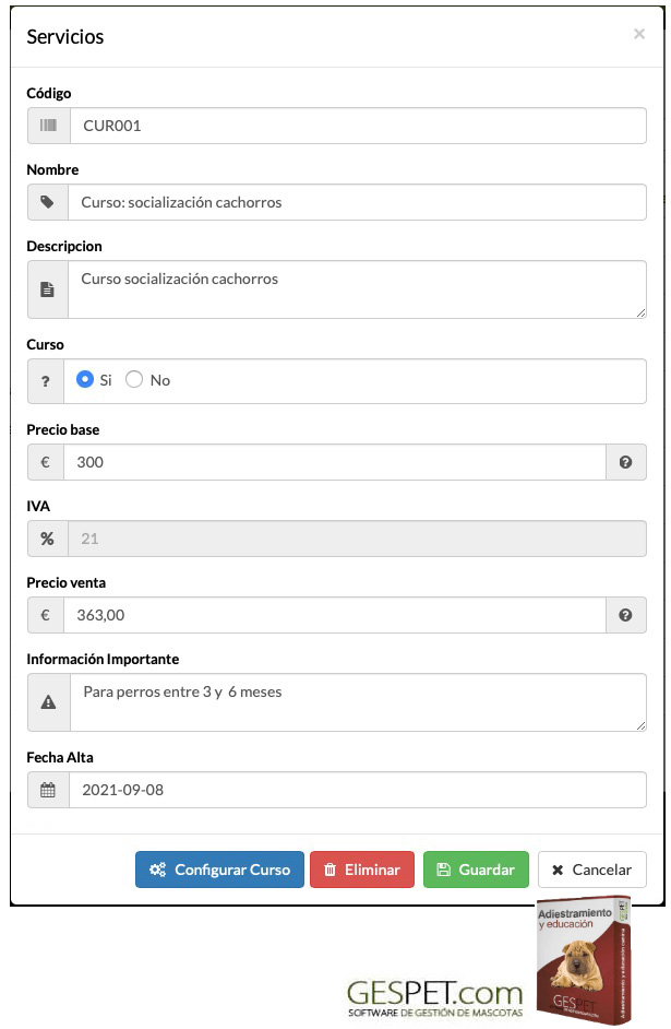 programa adiestramiento configurar tarifas