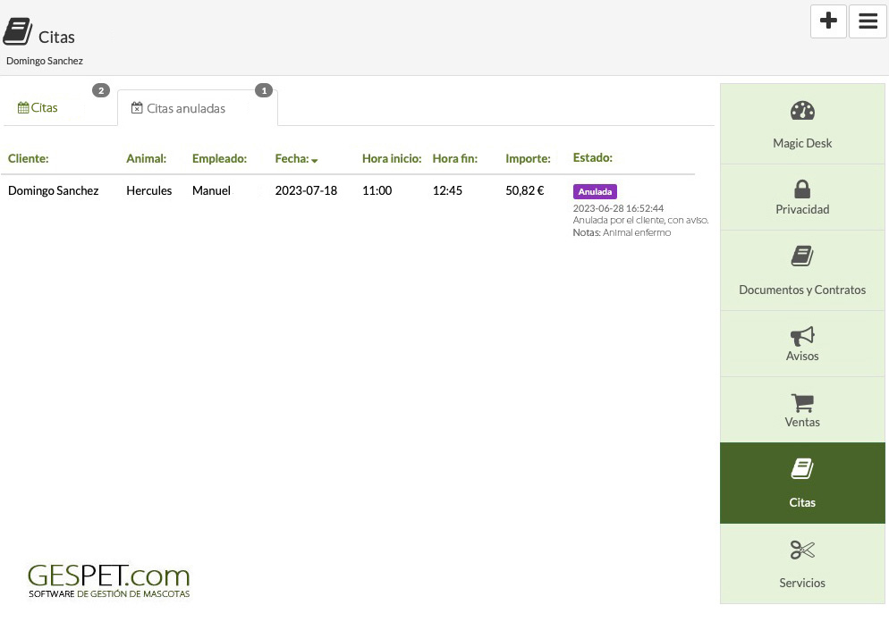 reservas clientes ver reservas anuladas peluqueria canina
