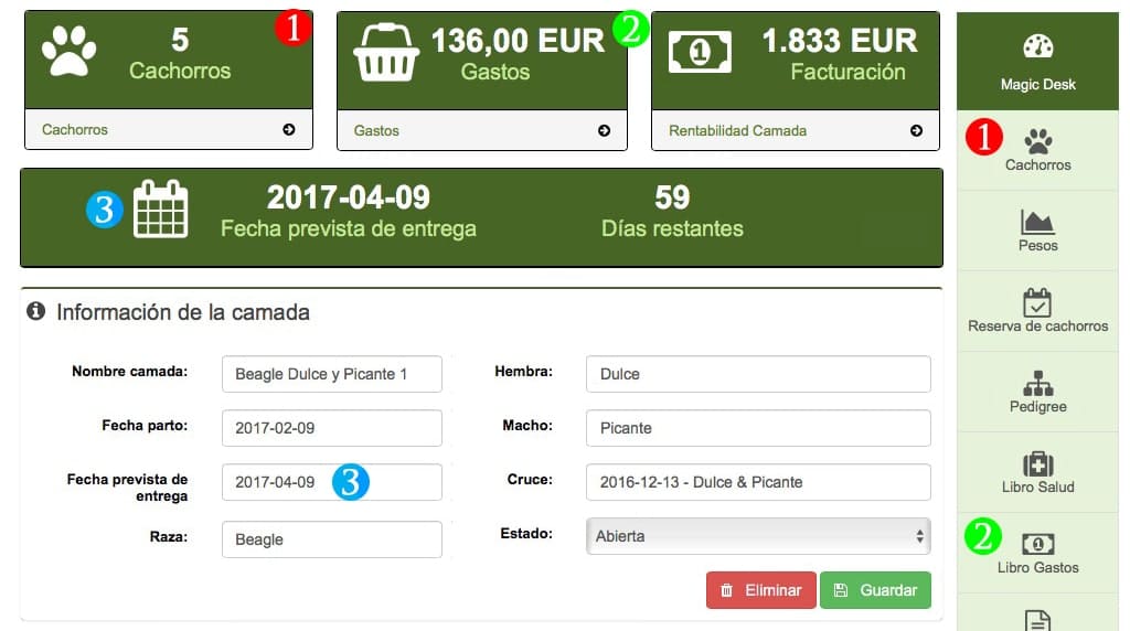 software para gestionar camadas de perros, cachorros, salud y gastos del criadero