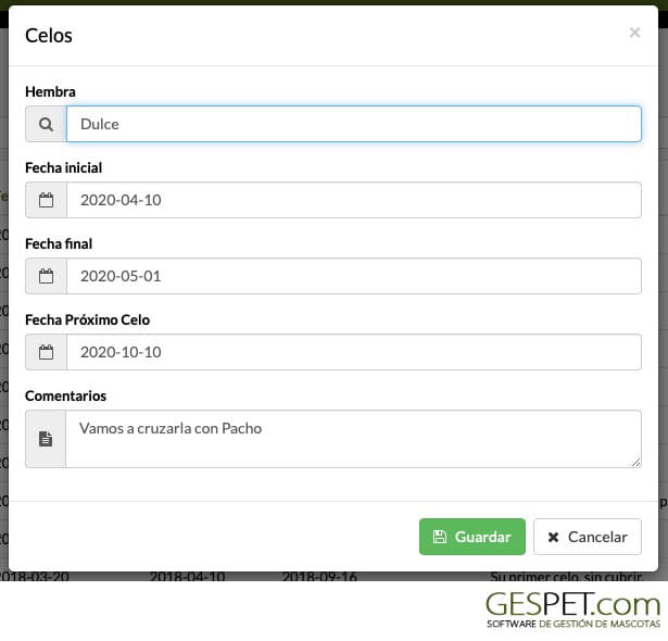 control de celos de hembras reproductoras en software para criaderos caninos