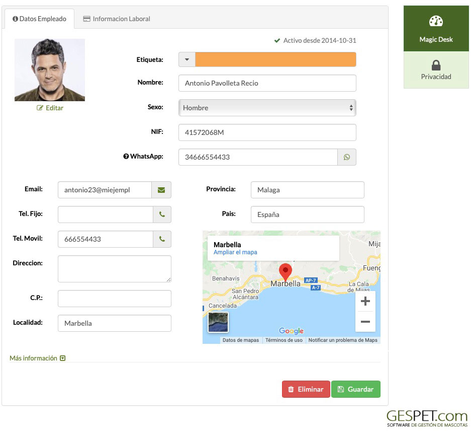 ficha de empleados con dirección y mapa en software para negocios de mascotas