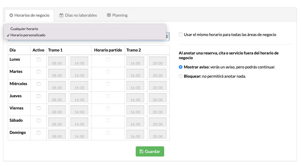 software para configurar horarios de negocio, festivos y días no laborables en negocios de mascotas