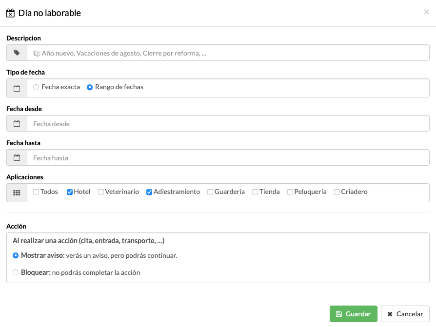 horarios de negocio y días no laborables para hoteles de mascotas, peluquerías caninas, guarderías y veterinarios