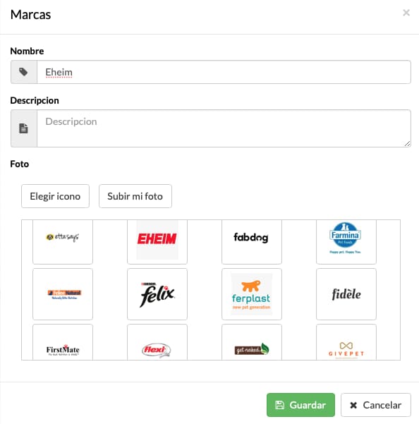 marcas, categorías y productos en software para tienda de mascotas