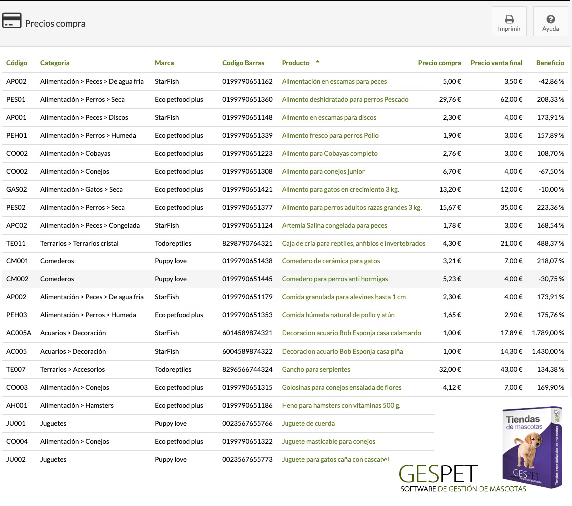 software mascotas informe de precios de compra de productos de animales