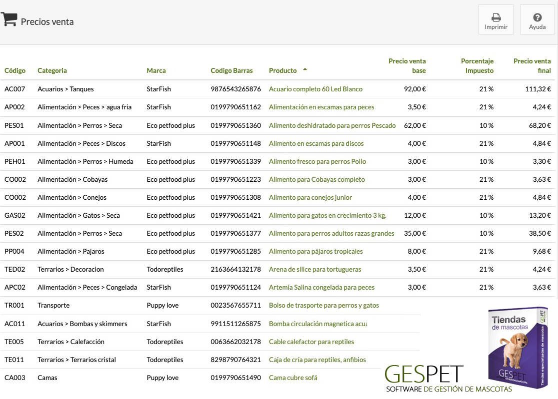 software mascotas informe de precios de venta de productos de animales