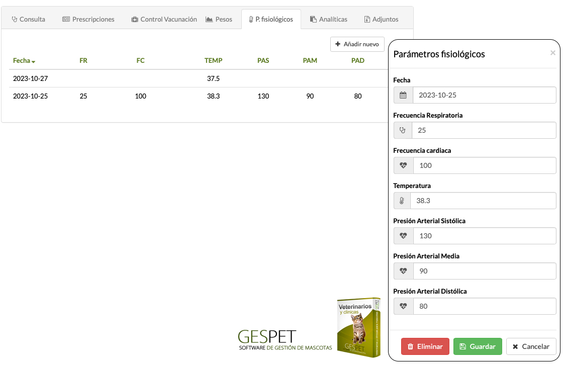 software parámetros fisiológicos veterinarios