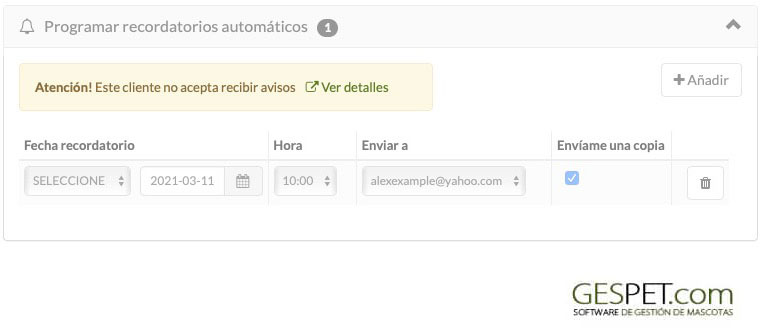 alerta de protección de datos antes de enviar comunicaciones comerciales en software para negocios de mascotas