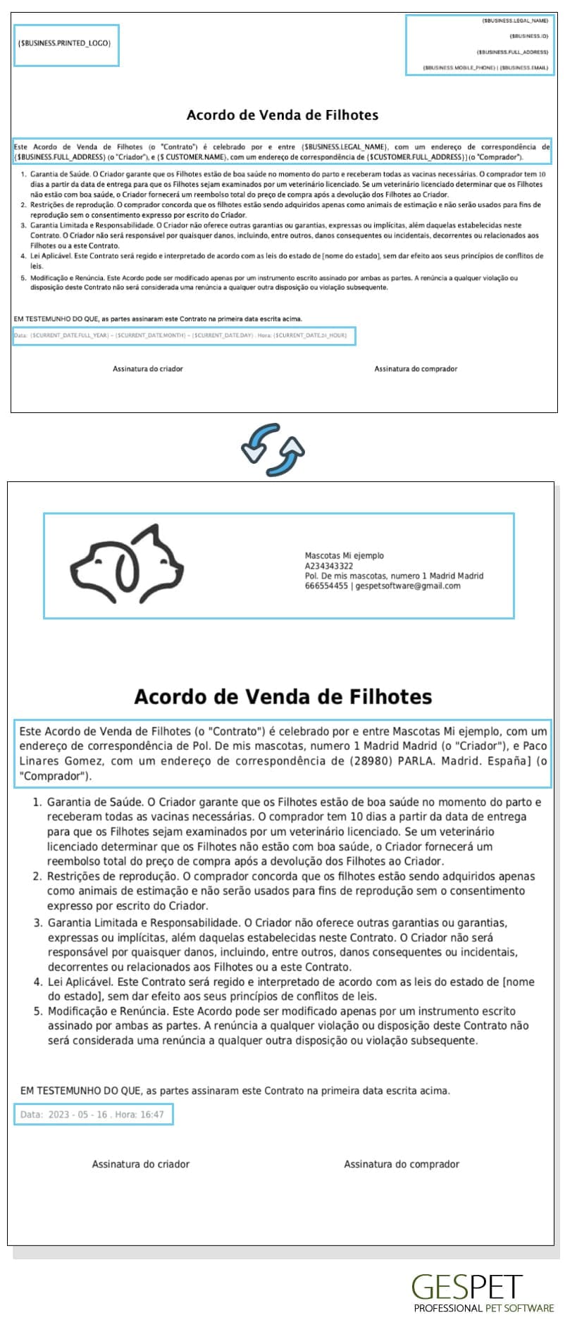 documentos y contratos para mascotas con datos autocompletados - ejemplo contrato venta de cachorros