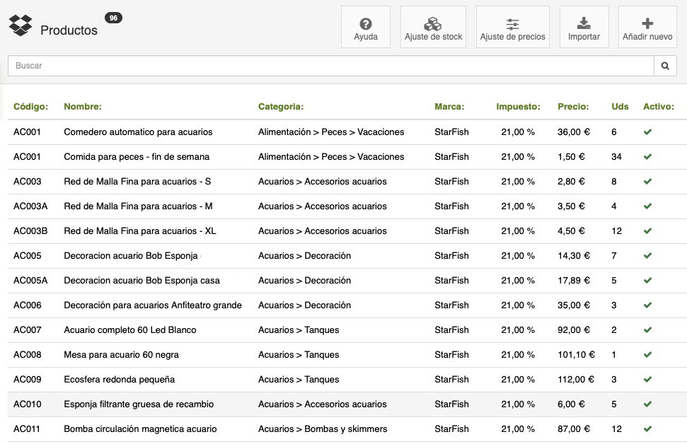 marcas, categorías y productos en software para tienda de mascotas