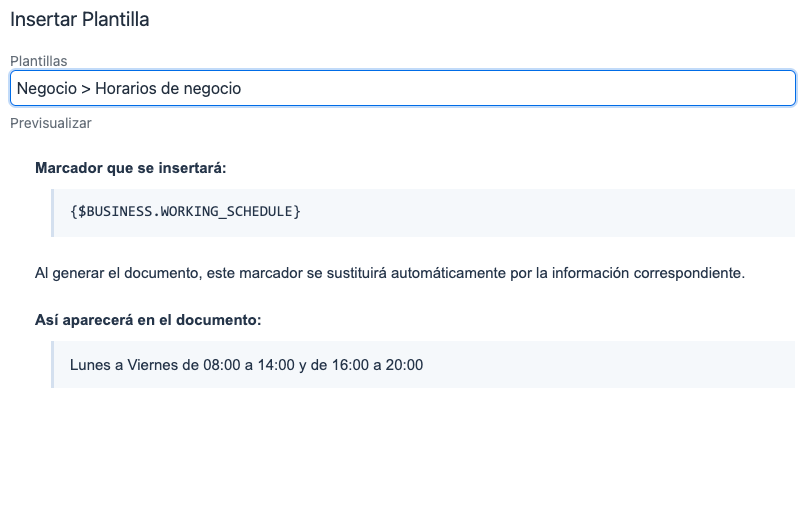 texto-plantilla con horarios de negocio para documentos y contratos