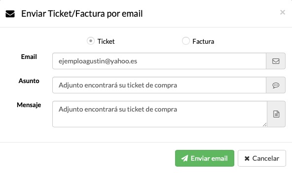 tienda de animales enviar ticket por email