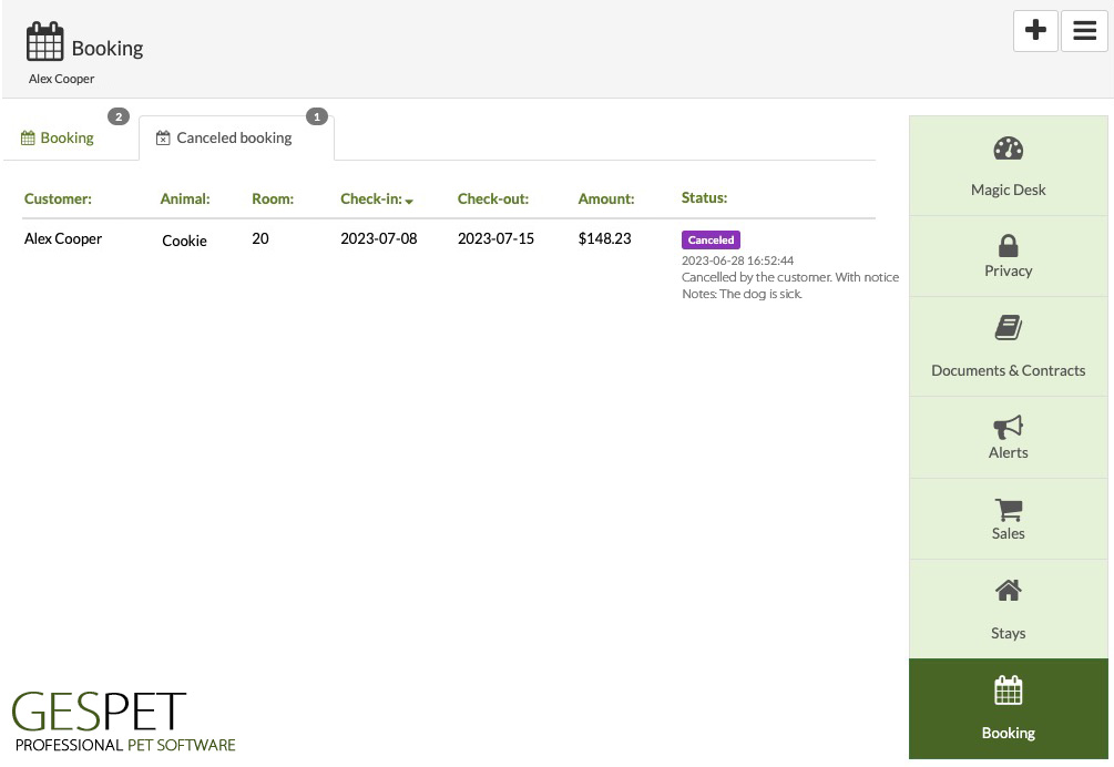 customer bookings view canceled reservations pet grooming