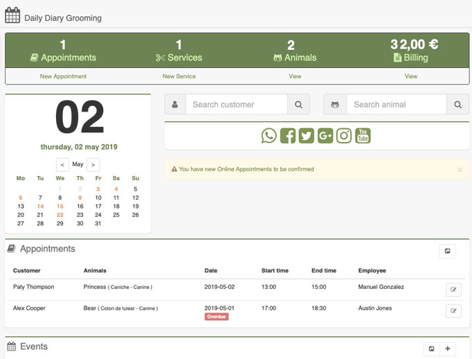 pet grooming software dashboard