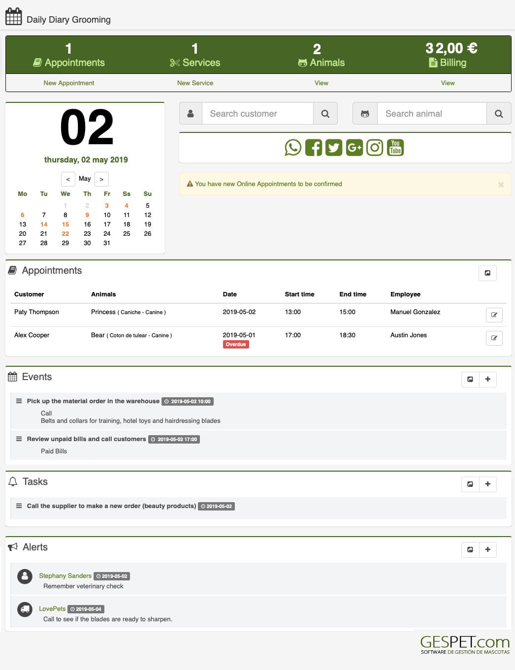 pet grooming software dashboard