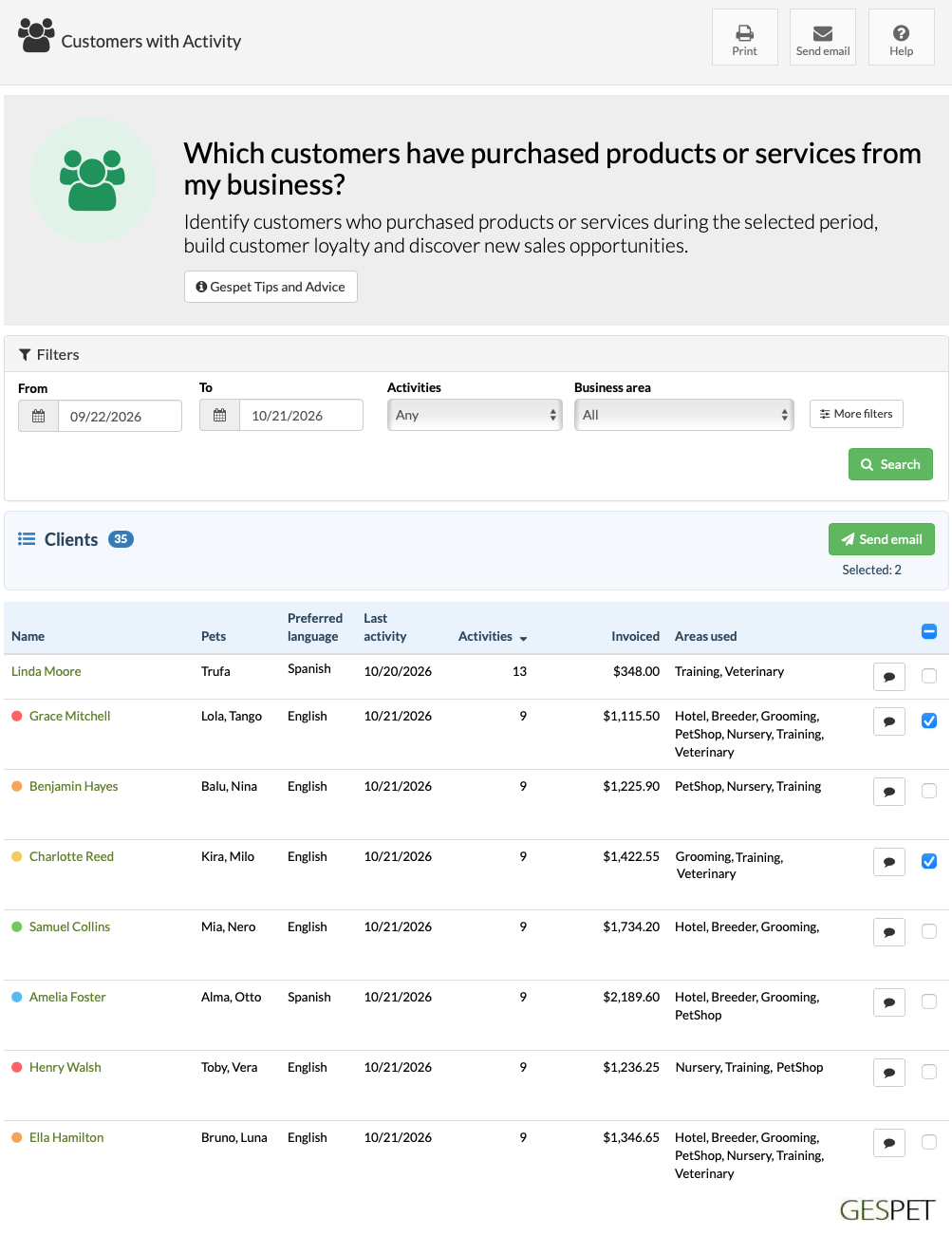 Gespet customer activity report showing transactions, billed amounts and pet business services used