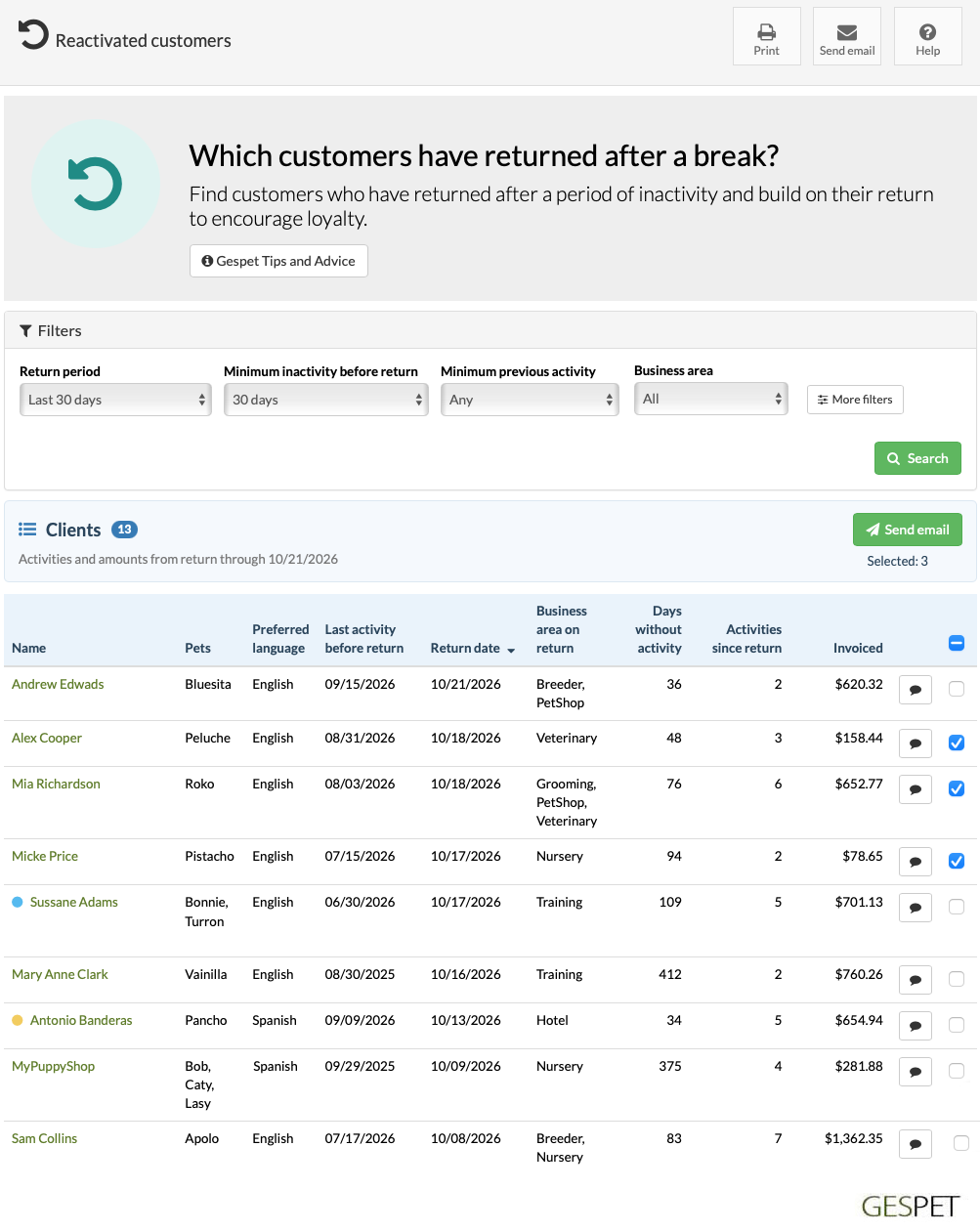Reactivated customer report showing return dates and subsequent activity at a pet business