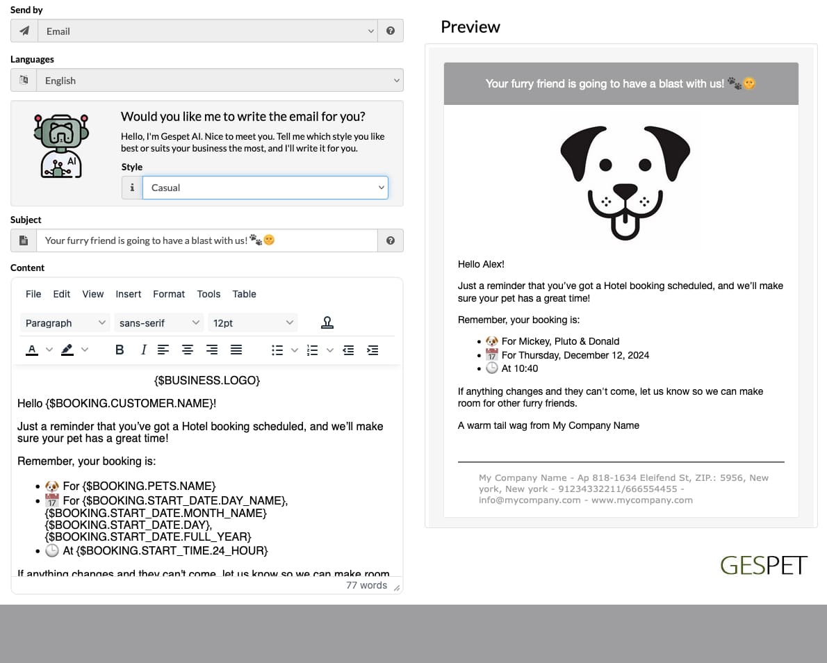 sending automatic grooming appointment reminders to customers