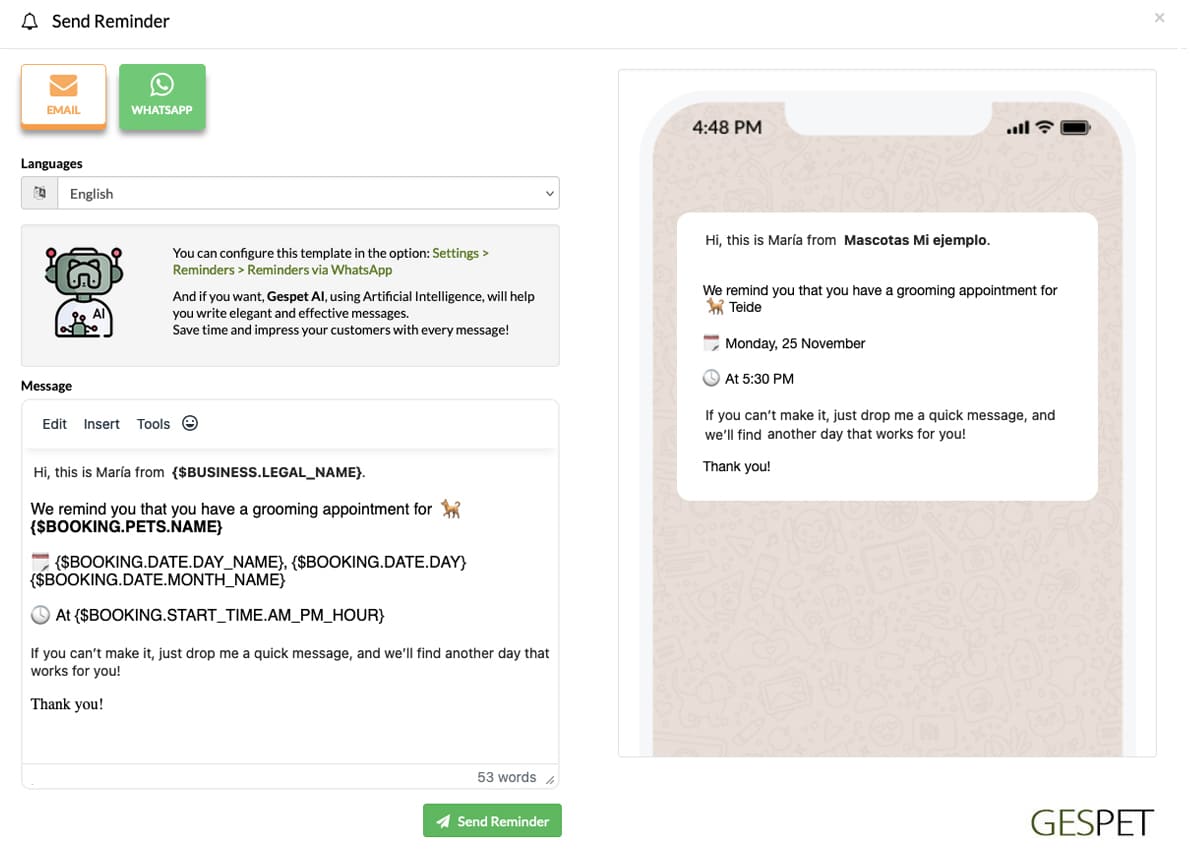 WhatsApp appointment reminder template
