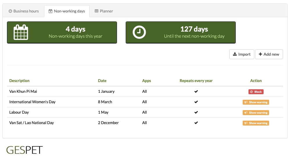 appointment and online booking availability for pet businesses with business hours and non-working days