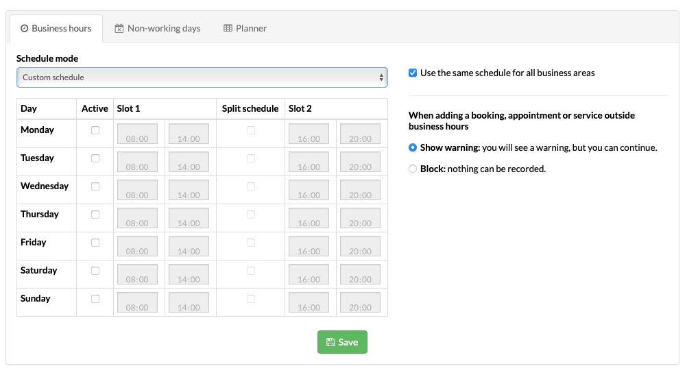 pet business scheduling software for business hours, holidays and non-working days