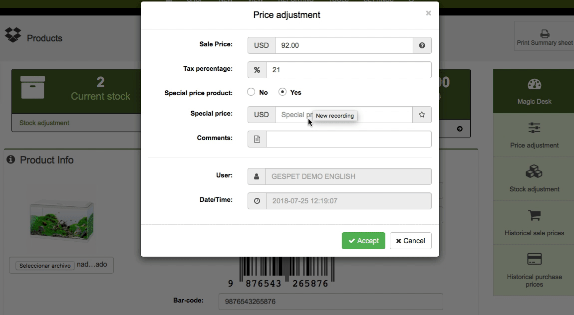 pet store software product details adjust price