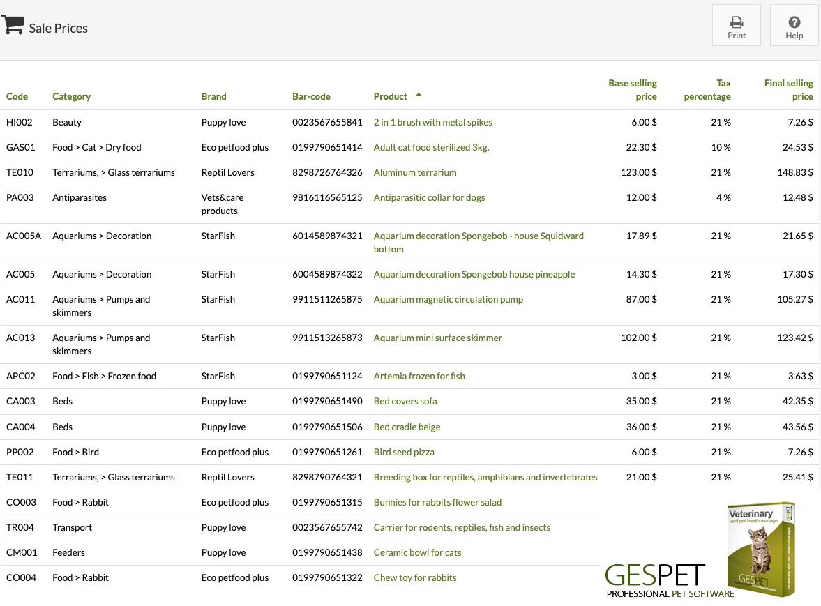 software mascotas informe de precios de venta de productos de animales