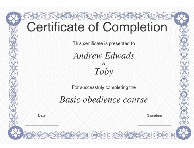 dog traning certificate print