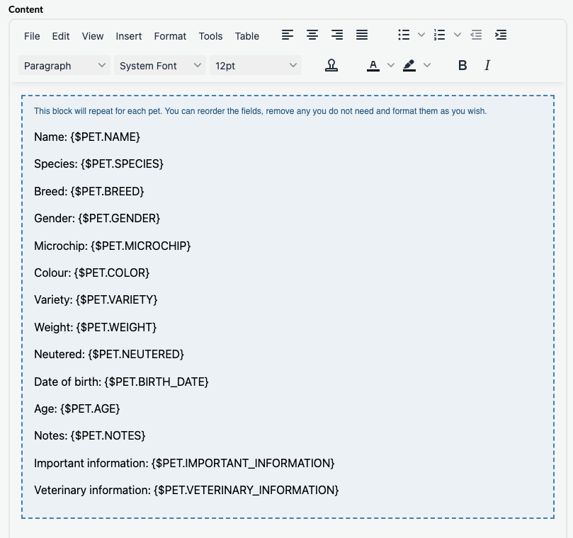 custom pet information placeholder for pet business documents