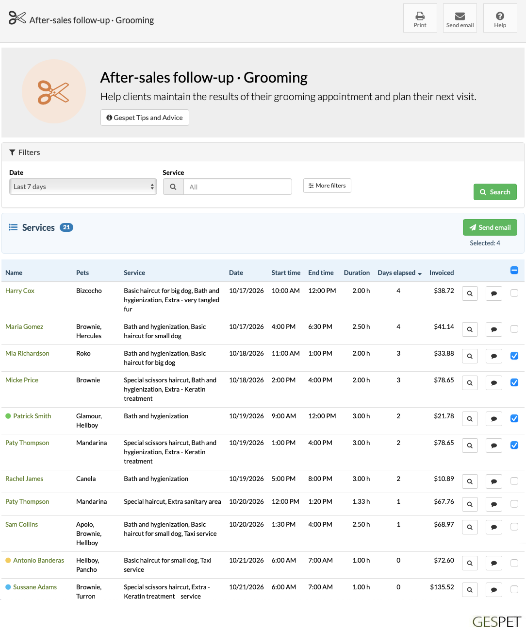 Dog grooming services listed for personalized customer follow-up campaigns