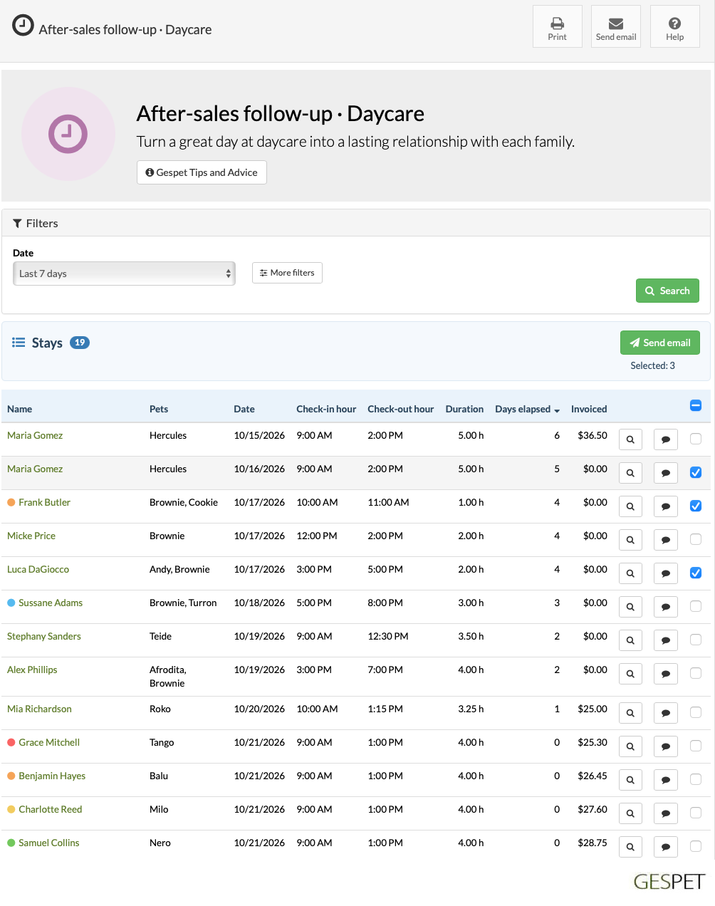 Pet daycare follow-up report with completed visits and attendance times