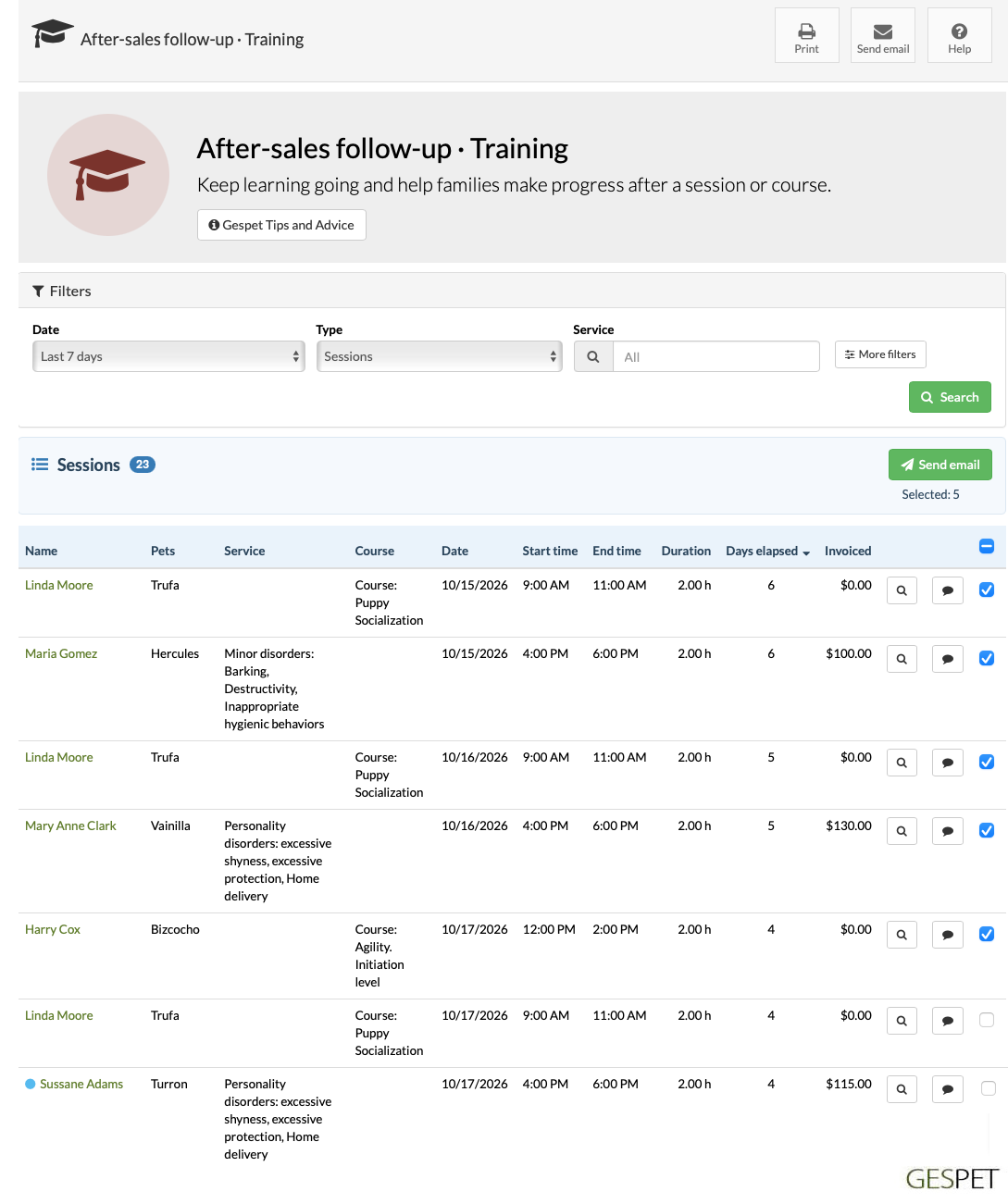 Dog training follow-up report for contacting clients after courses or individual sessions