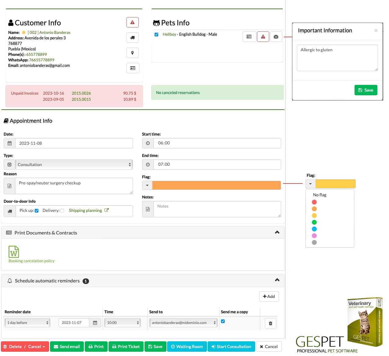 software de marcação de consultas veterinárias com fluxo de trabalho da clínica