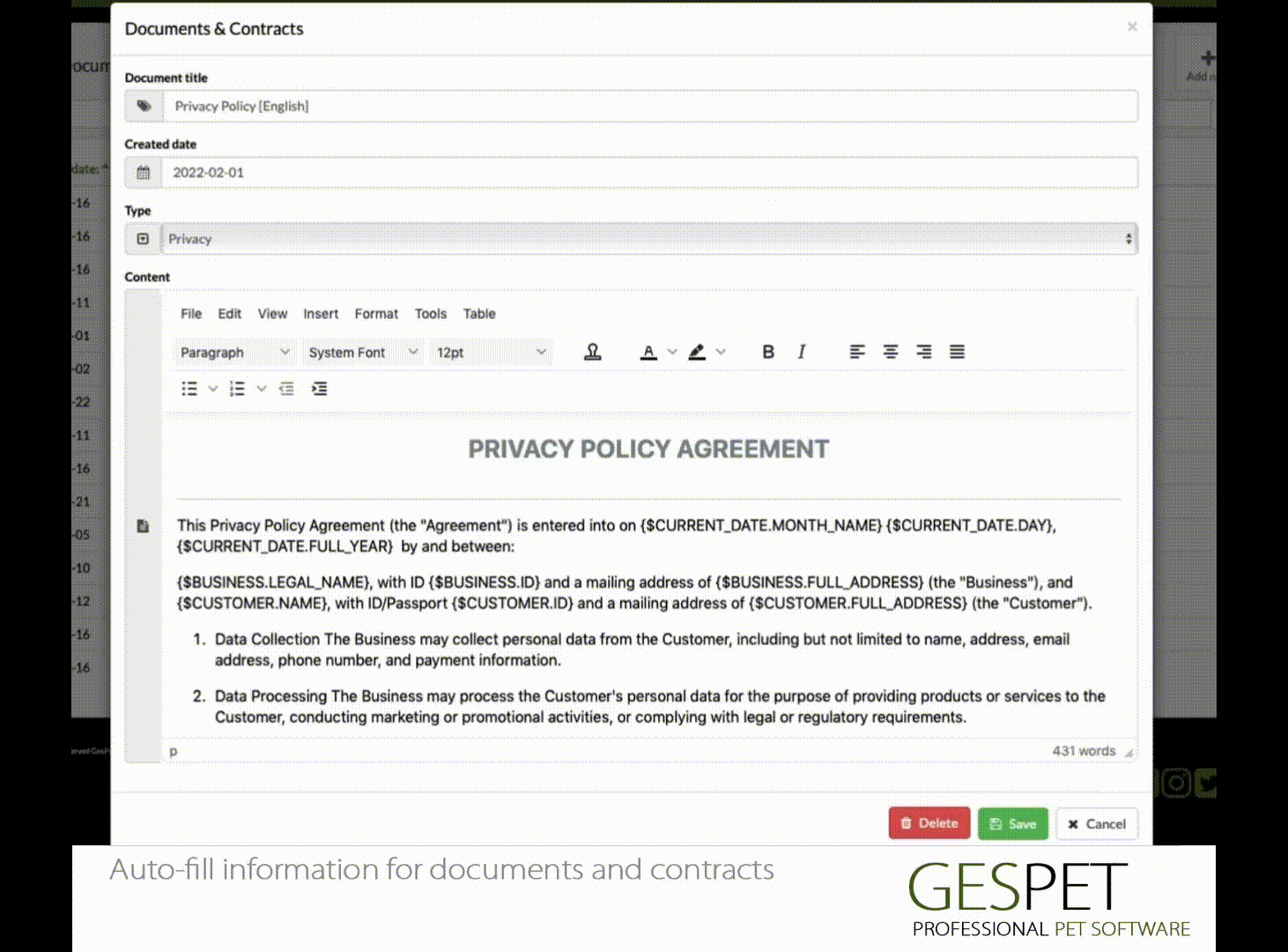 pet documents and pet agreements templates