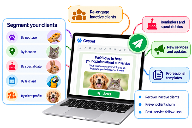 Pet business email marketing software with targeted campaigns, customer segmentation, personalized promotions and customer loyalty tools